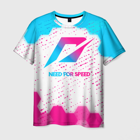 Мужская футболка 3D с принтом Need for Speed neon gradient style в Кировске, 100% полиэфир | прямой крой, круглый вырез горловины, длина до линии бедер | Тематика изображения на принте: 