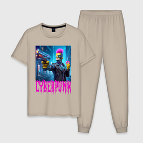 Мужская пижама хлопок с принтом Homer Simpson with a gun and a donut   cyberpunk   ai art , 100% хлопок | брюки и футболка прямого кроя, без карманов, на брюках мягкая резинка на поясе и по низу штанин
 | 