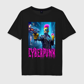 Мужская футболка хлопок Oversize с принтом Homer Simpson with a gun and a donut   cyberpunk   ai art , 100% хлопок | свободный крой, круглый ворот, “спинка” длиннее передней части | 