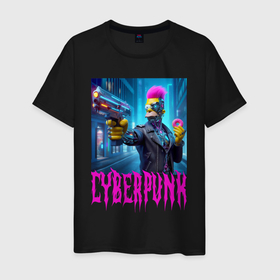 Мужская футболка хлопок с принтом Homer Simpson with a gun and a donut   cyberpunk   ai art в Санкт-Петербурге, 100% хлопок | прямой крой, круглый вырез горловины, длина до линии бедер, слегка спущенное плечо. | 
