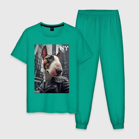 Мужская пижама хлопок с принтом Dude bull terrier in New York   ai art в Тюмени, 100% хлопок | брюки и футболка прямого кроя, без карманов, на брюках мягкая резинка на поясе и по низу штанин
 | 