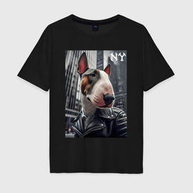 Мужская футболка хлопок Oversize с принтом Dude bull terrier in New York   ai art в Белгороде, 100% хлопок | свободный крой, круглый ворот, “спинка” длиннее передней части | 