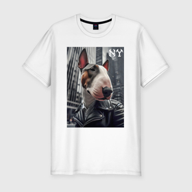 Мужская футболка хлопок Slim с принтом Dude bull terrier in New York   ai art в Тюмени, 92% хлопок, 8% лайкра | приталенный силуэт, круглый вырез ворота, длина до линии бедра, короткий рукав | Тематика изображения на принте: 