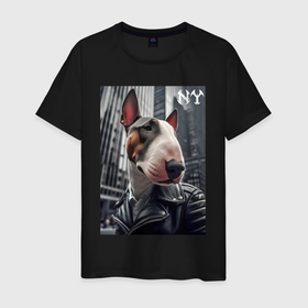 Мужская футболка хлопок с принтом Dude bull terrier in New York   ai art в Тюмени, 100% хлопок | прямой крой, круглый вырез горловины, длина до линии бедер, слегка спущенное плечо. | 