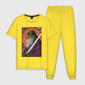 Мужская пижама хлопок с принтом Pepe samurai в Белгороде, 100% хлопок | брюки и футболка прямого кроя, без карманов, на брюках мягкая резинка на поясе и по низу штанин
 | Тематика изображения на принте: 