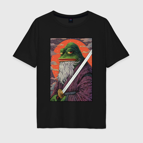 Мужская футболка хлопок Oversize с принтом Pepe samurai в Белгороде, 100% хлопок | свободный крой, круглый ворот, “спинка” длиннее передней части | Тематика изображения на принте: 