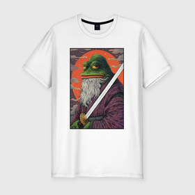 Мужская футболка хлопок Slim с принтом Pepe samurai в Белгороде, 92% хлопок, 8% лайкра | приталенный силуэт, круглый вырез ворота, длина до линии бедра, короткий рукав | Тематика изображения на принте: 