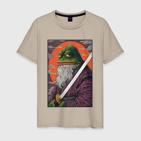 Мужская футболка хлопок с принтом Pepe samurai в Петрозаводске, 100% хлопок | прямой крой, круглый вырез горловины, длина до линии бедер, слегка спущенное плечо. | 
