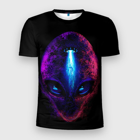 Мужская футболка 3D Slim с принтом UFO alien head в Курске, 100% полиэстер с улучшенными характеристиками | приталенный силуэт, круглая горловина, широкие плечи, сужается к линии бедра | 