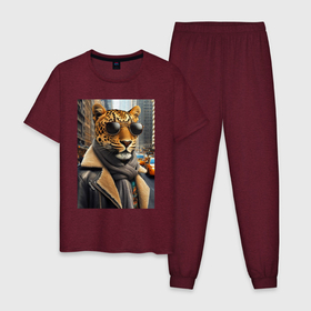 Мужская пижама хлопок с принтом Леопард модник   Нью Йорк   нейросеть в Санкт-Петербурге, 100% хлопок | брюки и футболка прямого кроя, без карманов, на брюках мягкая резинка на поясе и по низу штанин
 | 