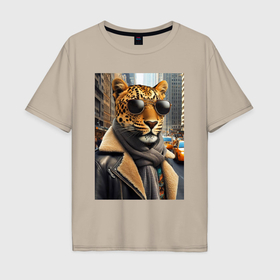 Мужская футболка хлопок Oversize с принтом Леопард модник   Нью Йорк   нейросеть в Екатеринбурге, 100% хлопок | свободный крой, круглый ворот, “спинка” длиннее передней части | 