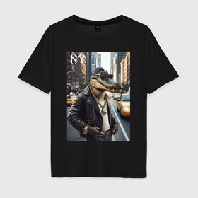 Мужская футболка хлопок Oversize с принтом Крутой аллигатор в Нью Йорке   нейросеть в Тюмени, 100% хлопок | свободный крой, круглый ворот, “спинка” длиннее передней части | 