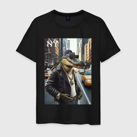Мужская футболка хлопок с принтом Крутой аллигатор в Нью Йорке   нейросеть в Кировске, 100% хлопок | прямой крой, круглый вырез горловины, длина до линии бедер, слегка спущенное плечо. | 