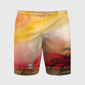 Мужские шорты спортивные с принтом Тропический закат акварель в Тюмени,  |  | 