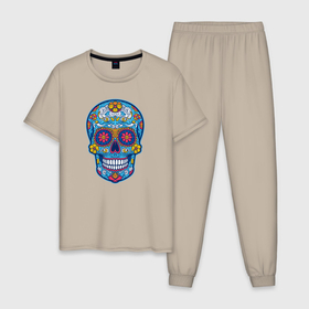 Мужская пижама хлопок с принтом Череп мексиканский в Тюмени, 100% хлопок | брюки и футболка прямого кроя, без карманов, на брюках мягкая резинка на поясе и по низу штанин
 | 