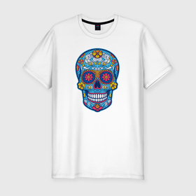 Мужская футболка хлопок Slim с принтом Череп мексиканский в Тюмени, 92% хлопок, 8% лайкра | приталенный силуэт, круглый вырез ворота, длина до линии бедра, короткий рукав | Тематика изображения на принте: 
