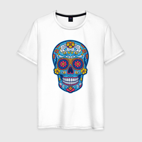 Мужская футболка хлопок с принтом Череп мексиканский в Екатеринбурге, 100% хлопок | прямой крой, круглый вырез горловины, длина до линии бедер, слегка спущенное плечо. | 
