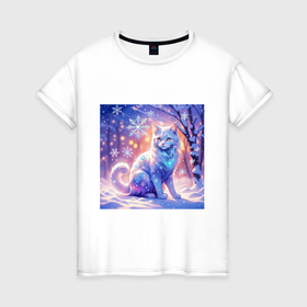 Женская футболка хлопок с принтом Снежный кот в стиле фэнтези , 100% хлопок | прямой крой, круглый вырез горловины, длина до линии бедер, слегка спущенное плечо | 