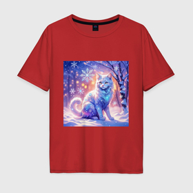 Мужская футболка хлопок Oversize с принтом Снежный кот в стиле фэнтези , 100% хлопок | свободный крой, круглый ворот, “спинка” длиннее передней части | 