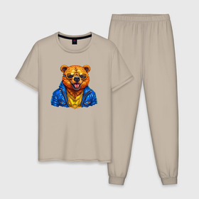 Мужская пижама хлопок с принтом Успешный медведь в Тюмени, 100% хлопок | брюки и футболка прямого кроя, без карманов, на брюках мягкая резинка на поясе и по низу штанин
 | 