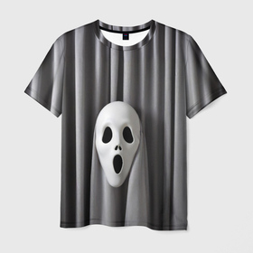 Мужская футболка 3D с принтом Маска призрака и серые шторы в Тюмени, 100% полиэфир | прямой крой, круглый вырез горловины, длина до линии бедер | 