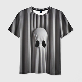 Мужская футболка 3D с принтом Серые шторы и призрак в Тюмени, 100% полиэфир | прямой крой, круглый вырез горловины, длина до линии бедер | 