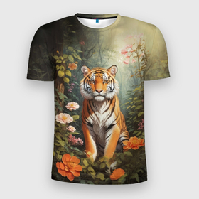 Мужская футболка 3D Slim с принтом Мудрый тигр в Петрозаводске, 100% полиэстер с улучшенными характеристиками | приталенный силуэт, круглая горловина, широкие плечи, сужается к линии бедра | Тематика изображения на принте: 