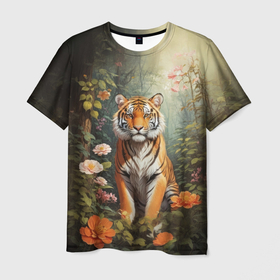 Мужская футболка 3D с принтом Мудрый тигр в Санкт-Петербурге, 100% полиэфир | прямой крой, круглый вырез горловины, длина до линии бедер | 