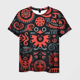 Мужская футболка 3D с принтом Красно черный узор в славянском стиле , 100% полиэфир | прямой крой, круглый вырез горловины, длина до линии бедер | Тематика изображения на принте: 