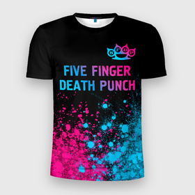 Мужская футболка 3D Slim с принтом Five Finger Death Punch   neon gradient посередине в Белгороде, 100% полиэстер с улучшенными характеристиками | приталенный силуэт, круглая горловина, широкие плечи, сужается к линии бедра | Тематика изображения на принте: 