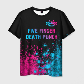 Мужская футболка 3D с принтом Five Finger Death Punch   neon gradient посередине в Белгороде, 100% полиэфир | прямой крой, круглый вырез горловины, длина до линии бедер | Тематика изображения на принте: 