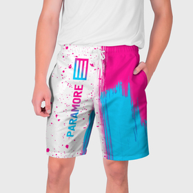 Мужские шорты 3D с принтом Paramore neon gradient style по вертикали в Кировске,  полиэстер 100% | прямой крой, два кармана без застежек по бокам. Мягкая трикотажная резинка на поясе, внутри которой широкие завязки. Длина чуть выше колен | 