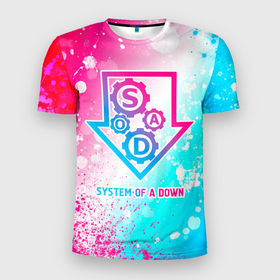 Мужская футболка 3D Slim с принтом System of a Down neon gradient style в Белгороде, 100% полиэстер с улучшенными характеристиками | приталенный силуэт, круглая горловина, широкие плечи, сужается к линии бедра | 