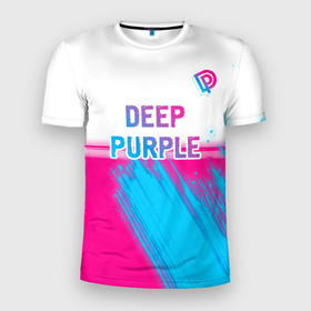 Мужская футболка 3D Slim с принтом Deep Purple neon gradient style посередине в Белгороде, 100% полиэстер с улучшенными характеристиками | приталенный силуэт, круглая горловина, широкие плечи, сужается к линии бедра | Тематика изображения на принте: 