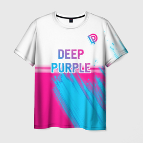 Мужская футболка 3D с принтом Deep Purple neon gradient style посередине , 100% полиэфир | прямой крой, круглый вырез горловины, длина до линии бедер | 