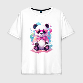 Мужская футболка хлопок Oversize с принтом Милая панда в розовых очках и бантике в Тюмени, 100% хлопок | свободный крой, круглый ворот, “спинка” длиннее передней части | Тематика изображения на принте: 
