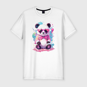 Мужская футболка хлопок Slim с принтом Милая панда в розовых очках и бантике в Тюмени, 92% хлопок, 8% лайкра | приталенный силуэт, круглый вырез ворота, длина до линии бедра, короткий рукав | Тематика изображения на принте: 