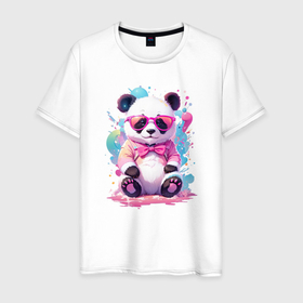 Мужская футболка хлопок с принтом Милая панда в розовых очках и бантике в Тюмени, 100% хлопок | прямой крой, круглый вырез горловины, длина до линии бедер, слегка спущенное плечо. | Тематика изображения на принте: 