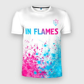 Мужская футболка 3D Slim с принтом In Flames neon gradient style посередине в Петрозаводске, 100% полиэстер с улучшенными характеристиками | приталенный силуэт, круглая горловина, широкие плечи, сужается к линии бедра | 