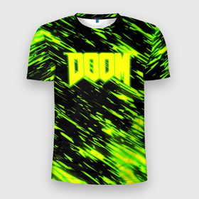 Мужская футболка 3D Slim с принтом Doom огенное лого кислотное в Курске, 100% полиэстер с улучшенными характеристиками | приталенный силуэт, круглая горловина, широкие плечи, сужается к линии бедра | 