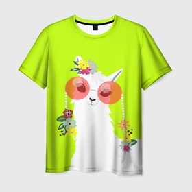 Мужская футболка 3D с принтом Лама   альпака в розовых очках в Белгороде, 100% полиэфир | прямой крой, круглый вырез горловины, длина до линии бедер | Тематика изображения на принте: 