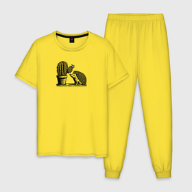 Мужская пижама хлопок с принтом Ежик и кактус в Петрозаводске, 100% хлопок | брюки и футболка прямого кроя, без карманов, на брюках мягкая резинка на поясе и по низу штанин
 | 