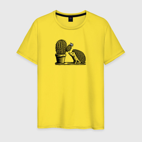 Мужская футболка хлопок с принтом Ежик и кактус в Петрозаводске, 100% хлопок | прямой крой, круглый вырез горловины, длина до линии бедер, слегка спущенное плечо. | 