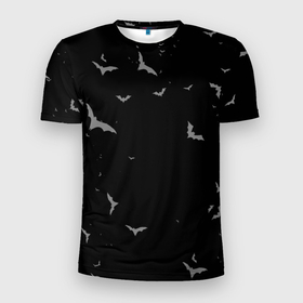 Мужская футболка 3D Slim с принтом Летучие мыши на черном небе в Петрозаводске, 100% полиэстер с улучшенными характеристиками | приталенный силуэт, круглая горловина, широкие плечи, сужается к линии бедра | 