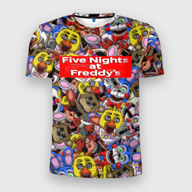 Мужская футболка 3D Slim с принтом Five Nights at Freddys все персонажы хоррора в Тюмени, 100% полиэстер с улучшенными характеристиками | приталенный силуэт, круглая горловина, широкие плечи, сужается к линии бедра | 