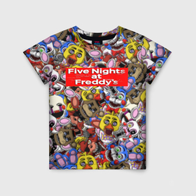 Детская футболка 3D с принтом Five Nights at Freddys все персонажы хоррора в Кировске, 100% гипоаллергенный полиэфир | прямой крой, круглый вырез горловины, длина до линии бедер, чуть спущенное плечо, ткань немного тянется | Тематика изображения на принте: 