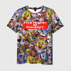 Мужская футболка 3D с принтом Five Nights at Freddys все персонажы хоррора в Белгороде, 100% полиэфир | прямой крой, круглый вырез горловины, длина до линии бедер | 