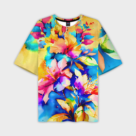Мужская футболка oversize 3D с принтом Акварельные цветочные фантазии в Петрозаводске,  |  | Тематика изображения на принте: 