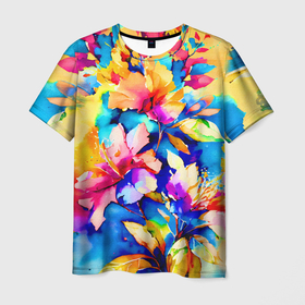 Мужская футболка 3D с принтом Акварельные цветочные фантазии в Санкт-Петербурге, 100% полиэфир | прямой крой, круглый вырез горловины, длина до линии бедер | 