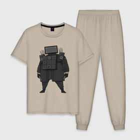 Мужская пижама хлопок с принтом Skibidi toilet TV Man boss в Белгороде, 100% хлопок | брюки и футболка прямого кроя, без карманов, на брюках мягкая резинка на поясе и по низу штанин
 | 